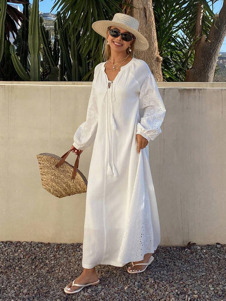 Women's Round Neck Lace Patchwork Long Sleeve Casual Vacation Style Dress Sundress