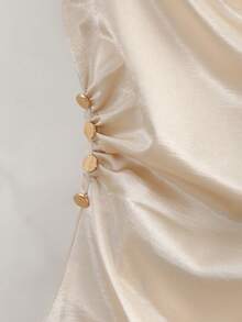 Franclia Conjunto de 2 piezas para mujer, elegante y versátil, con camiseta de cuello drapeado y pantalones de pierna ancha, con brillo satinado, para /verano, atuendo de oficina, moda - Albaricoque - Ver 3