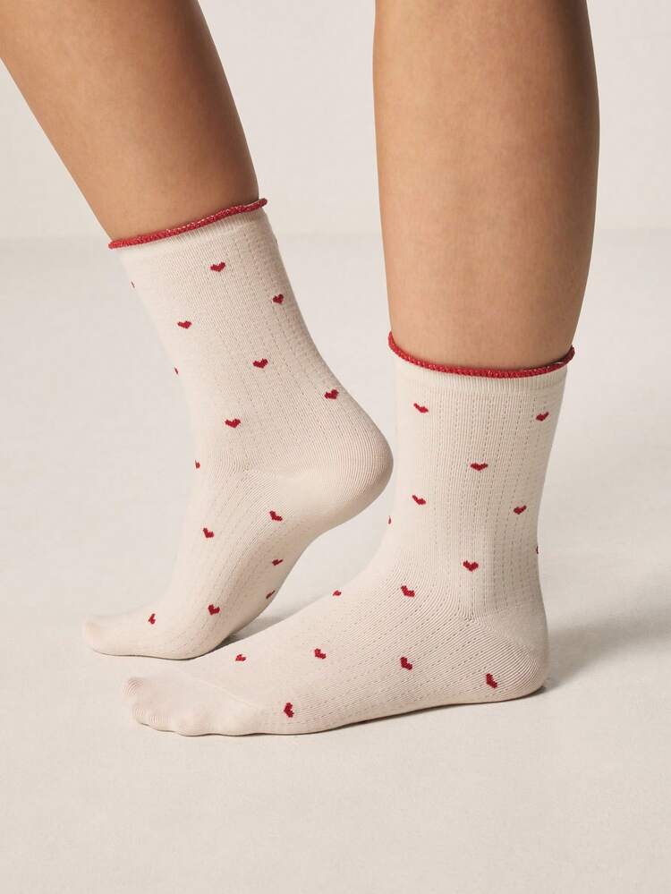 MISSGUIDED Heart Pattern Ankle Socks With Red Trim Cute Valentine Day Crew Socks Gift