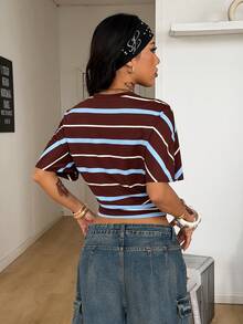 Coolane 女款圓領蝙蝠袖短袖彩色條紋針織T恤 - 酒紅色 - 查看 7