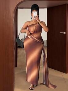 Maweii Plus Size Women's Vacation Digital Print Sexy One-Shoulder Cinched Waist Maxi Bodycon Dress, Women's Casual Dress, Holiday Dress - Multicolor - View 5