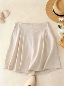 Franclia Women's Summer New Casual Everyday Commute Simple Versatile Comfortable Pleated Loose Shorts - Apricot - View 3