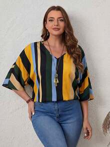 EMERY ROSE Plus Size V-Neck Batwing Sleeve Striped Decor Loose Casual Shirt, Summer - Blue - View 6