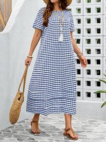 EMERY ROSE Plus Size Women Casual Plaid Print Short Sleeve Dress - Navy Blue - View 6