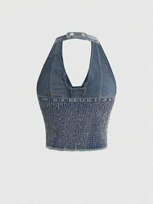 ROMWE Avant Cropped Top Denim Sexy de Cintura Baixa com Decote em Renda, Estilo Preppy, Logotipo Bordado, Estilo Esportivo Retrô Y2K - Azul - Visão 2