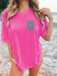 SHEIN LUNE Plus Size Graphic Print Casual Loose Fit Round Neck Short Sleeve T-Shirt - Hot Pink - View 3