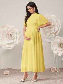 SHEIN 孕妇纯色褶皱领优雅短袖连衣裙 - 黃色 - 查看 7