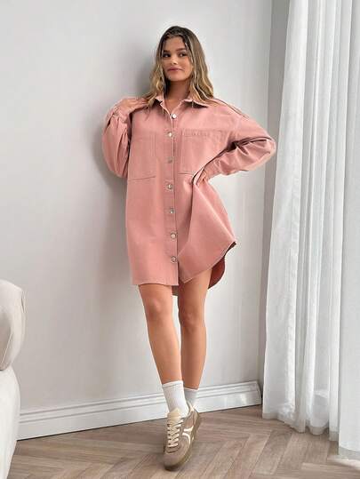 EURMUSE Women's Casual Solid Color Front Button Loose Denim Dress, Autumn