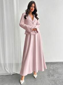 Firerie Conjunto de blazer de manga larga de unicolor y falda evasé elegante de diseño minimalista - Rosa vieja - Ver 3