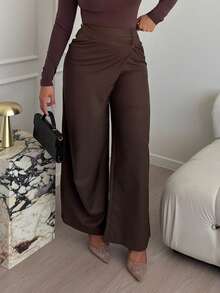 Maria Perezxox 女士不对称休闲阔腿裤女士时尚办公室通勤百搭高腰高端不对称阔腿西装裤 - 棕色 - 查看 4