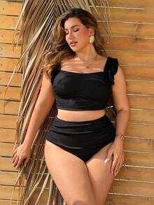 Swim Lushoire Plus Size Women's Black 2-Piece Swimwear,Elegant Flounce Shoulder Summer Holiday Beach Tropical Formal Evening Bandeau Tummy High Waist - Black - View 3