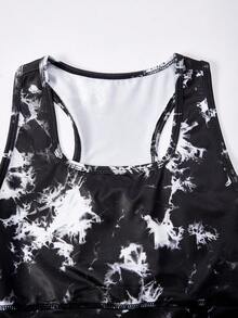 SHEIN Tween Girls Tie Dye Print Hollow Back Cami & Biker Shorts 2-Piece Set, Suitable For Yoga, Sports Day, Back To School - Black - View 11
