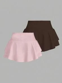 Set de 2 piezas de shorts y falda deportivos casuales de punto para mujer - Multicolor 3 - Ver 2
