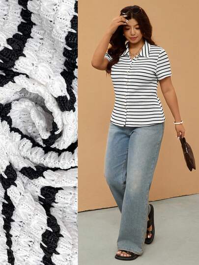 Elaquor Plus Size Summer Casual Striped Front Button Polo Collar Short Sleeve T-Shirt Spring Casual Vacation Outfit Women Spring T-Shirt For Women