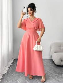 Elenzga Damen Große Größen V-Ausschnitt Geraffete Taille Patchwork Rüschenärmel Lässig Alltags Elegantes Kleid, Damen Große Größen V-Ausschnitt Kurzarm Bindegürtel Schlank Langes Kleid, Damen Große Größen Taille Eingeschnürt Schlank Midi A-Linie Kleid - Korallenrosa - Übersicht 8