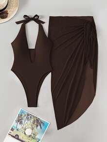 Glamine Set de 2 piezas Bikini con escote halter y espalda descubierta en color borgoña, para mujer. Ideal para vacaciones de /verano en la playa - Marrón - Ver 4