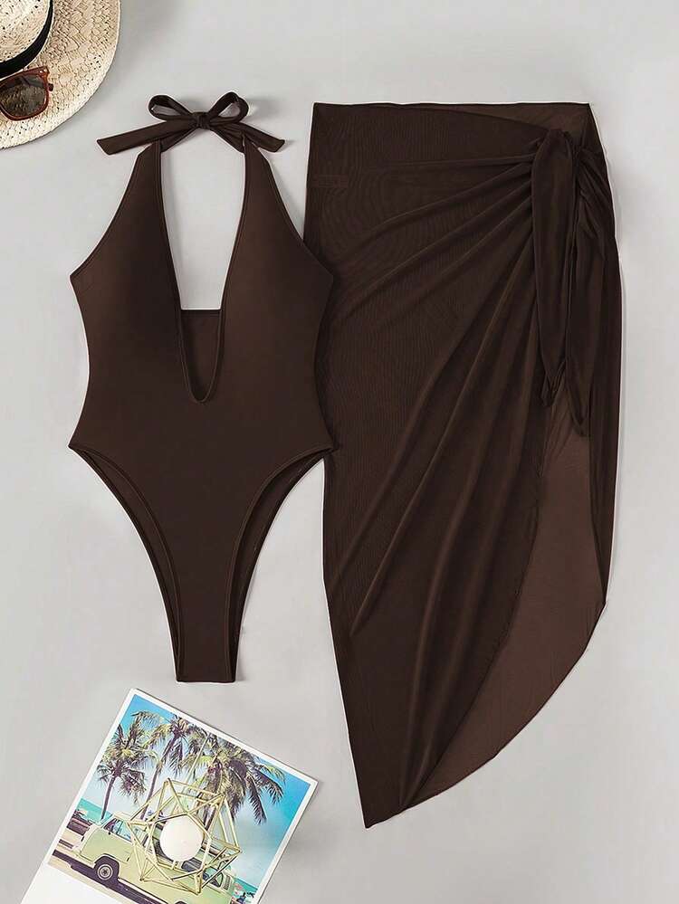 SHEIN Glamour 2pcs/Set Burgundy Sexy Backless Halter Tie Bikini Swimsuit Set For Women, Spring/Summer Beach Vacation - Brown - View 4