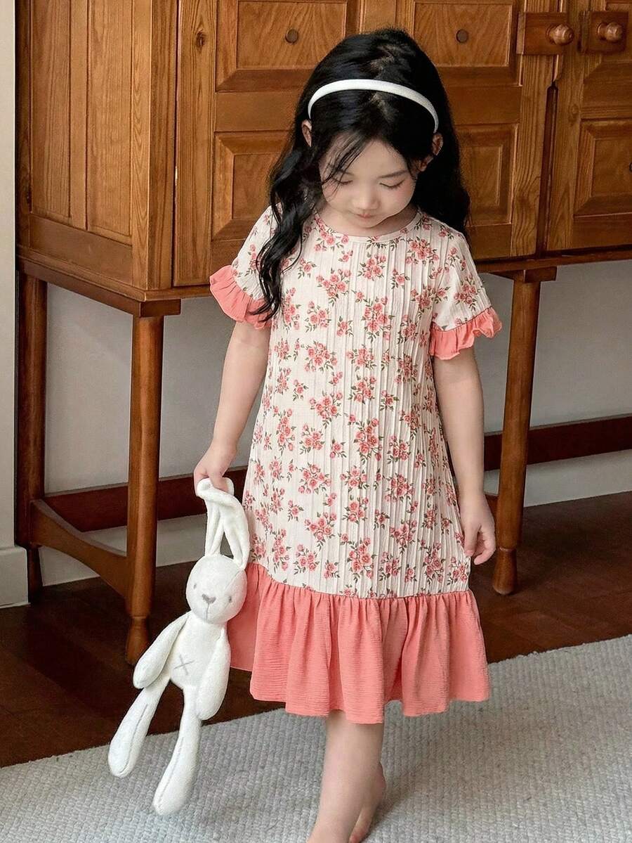 LMoss Kids 女童圆领短袖休闲可爱睡裙，撞色荷叶边袖口 - 彩色 - 查看 1