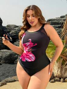 Swim Lushoire Plus Size Women's Black Summer Elegant Formal Beach Evening Holiday Swimwear, Large Floral Print Tummy Control Wide Wireless Bikini Top - Black - View 7