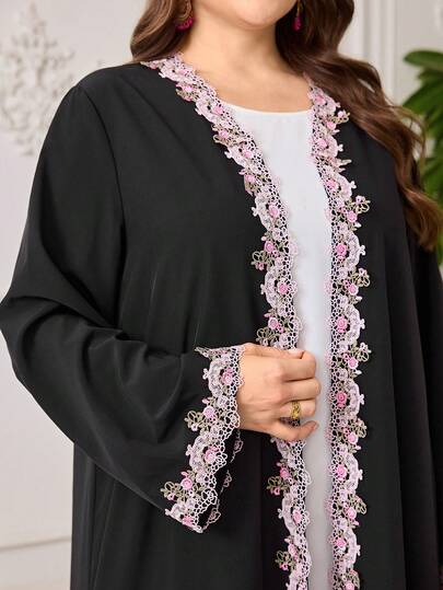 Al Najma Áo choàng dài tay viền ren, màu trơn, dáng rộng, cỡ lớn dành cho nữ.