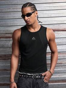 AXEPEAK Camiseta de tirantes deportiva minimalista con estampado gráfico y parches para hombres - Negro - Ver 3