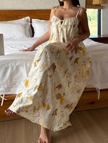 DAZY Vacation Style Abstract Graffiti Print Lace Trim Spaghetti Strap Long Women Nightgown - Apricot - View 4