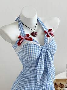 Flirla Bộ áo liền quần cổ yếm buộc dây phía trước, phối ren hoa kẻ caro, trang trí nơ dễ thương. - Màu xanh lam - Xem 1