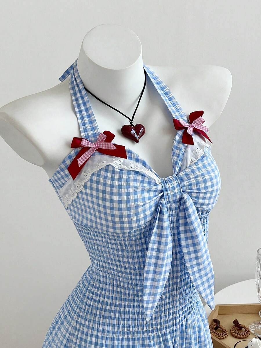 Flirla Bộ áo liền quần cổ yếm buộc dây phía trước, phối ren hoa kẻ caro, trang trí nơ dễ thương. - Màu xanh lam - Xem 1