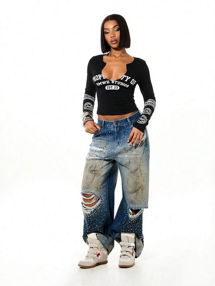 SUMWON WOMEN Long Sleeve Cropped Top With Square Neckline