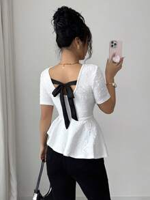 SHEIN Elenzya Elegant Rose Jacquard Satin Bow Tie Waist Irregular Ruffle Hem Women Short Sleeve T-Shirt - White - View 2