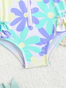 Cute Newborn Baby Swimwear,Long Sleeve Rash Guard Swimsuit With Sun Hat,Macaron Floral Pattern,Zipper Infant Beachwear For Summer,Pool Party,Holiday - Mint Green - View 5