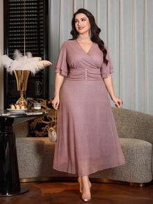 Modelyn Elegant Metallic Thread & Sequin Embellished Plus Size Dress For Women, Spring - Dusty Pink - View 5