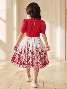 SHEIN Red Polyester Young Girl A Line Midi Dress With Stand Collar And Puff Short Sleeves Flared Hem Plant Pattern For Everyday Casual - Red - View 2