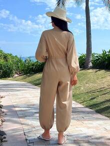 DAZY Combinaison ample pour femme avec manches lanternes et taille resserrée, couleur unie minimaliste, tenue de détente - Camel - Voir 13
