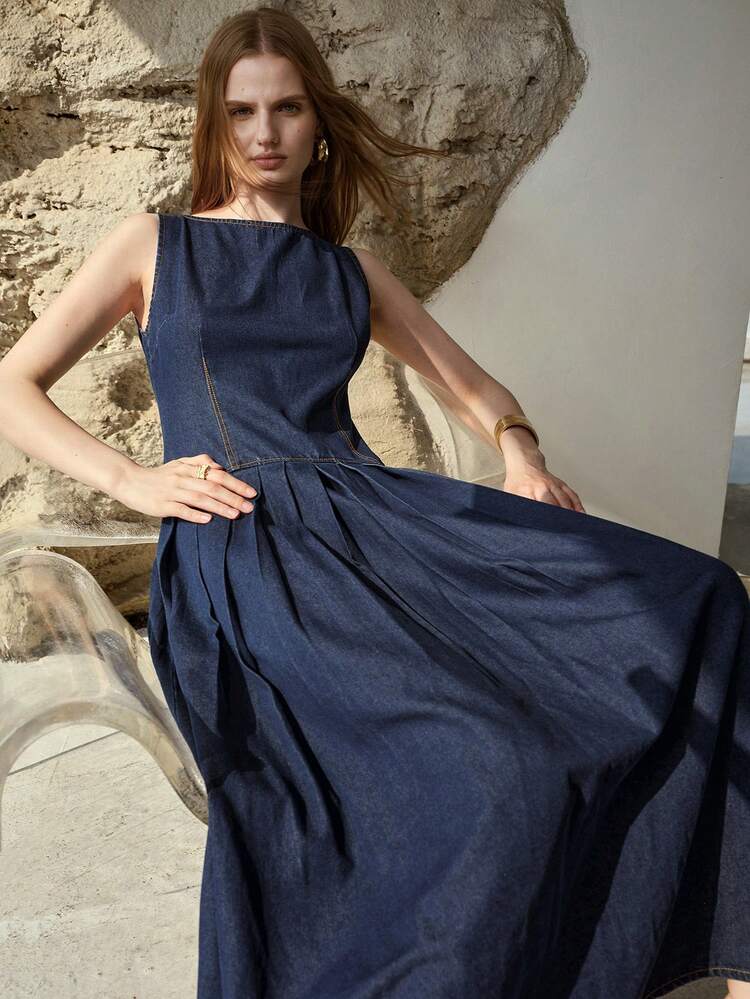 ELEGANT FOLD PLEATED FLARED MAXI DENIM DRESS, SPRING/SUMMER