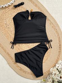 Swim Basics Fashionable Hot-Selling Solid Color Tankini Swimwear For Summer - Black - View 6