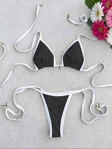 SHEIN Swim 两件套女士沙滩装，时尚可爱，适合度假、海滩、派对、游艇穿着，纯色搭配撞色贝壳装饰，可调节露背吊带三角比基尼上衣和侧系带比基尼泳裤套装 - 彩色 - 查看 3