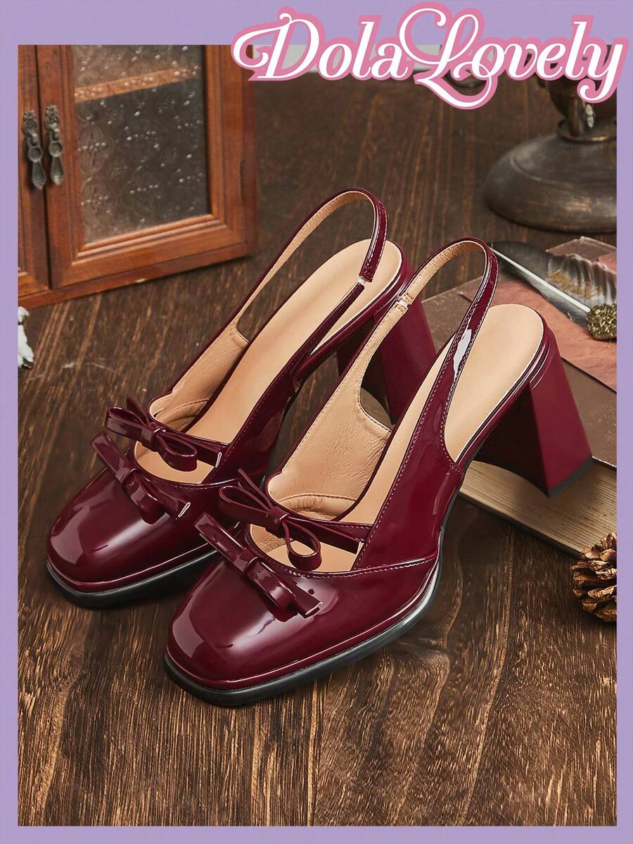 Dola Lovely Glossy Wine Red Thick Heel Double Bow Tie Backstrap Open Toe High Heel Shoes, Suitable For JK Uniform, Commute, Daily, Campus Fashion, Versatile, Lolita Style Fairycore - Red - View 1