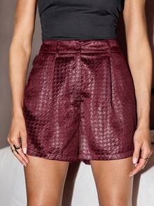 SHEIN Clasi Wine Red Textured Vintage Fashion Commuter PU Shorts - Burgundy - View 5
