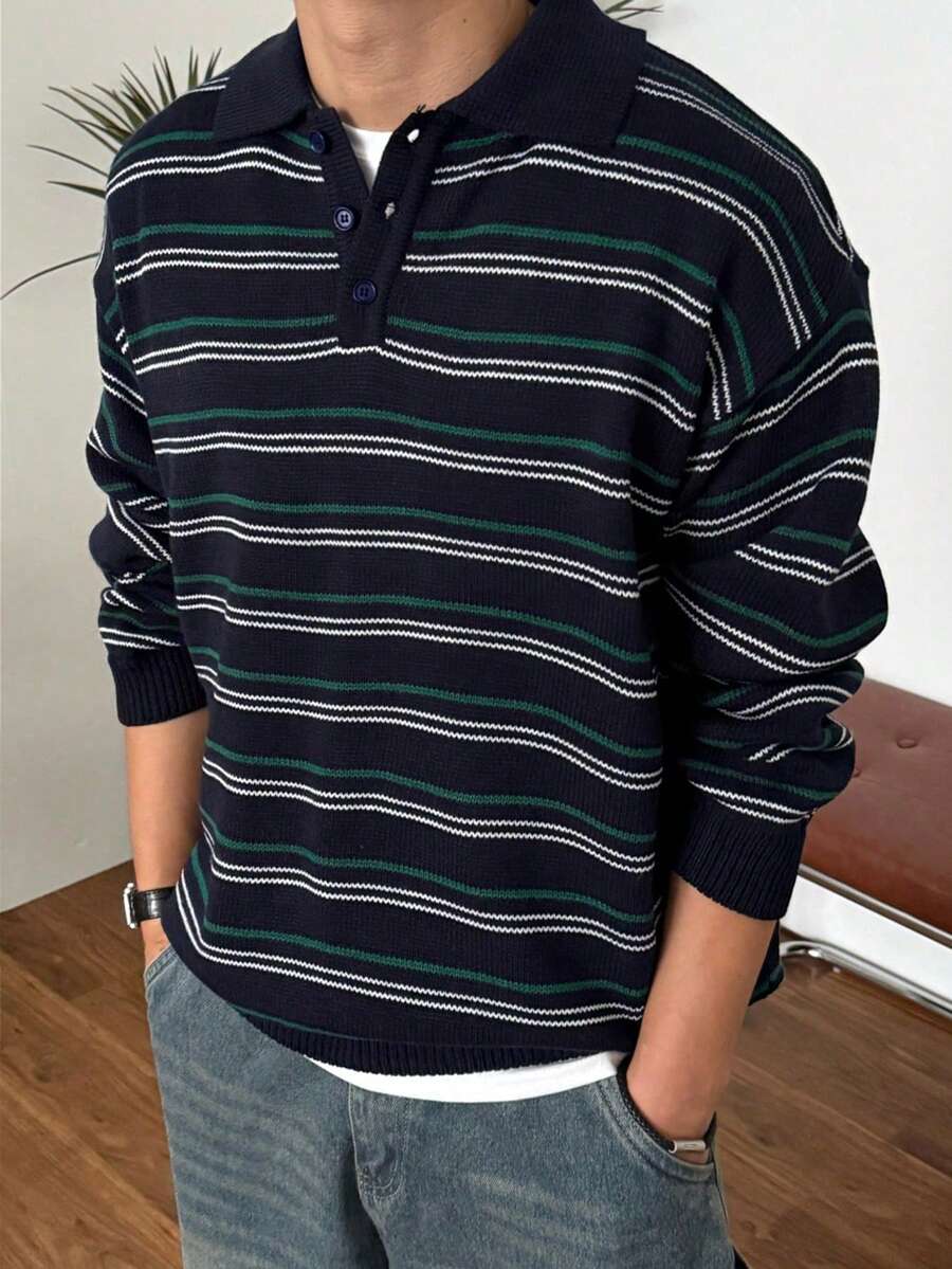 DAZY Jersey de cuello polo a rayas azul marino para hombre, otoño/invierno - Multicolor - Ver 1
