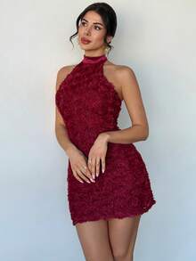 Firerie 女士优雅精致浪漫情人节3D花朵蝴蝶结装饰修身迷你连衣裙，适合情人节和夏季穿着 - 酒紅色 - 查看 2