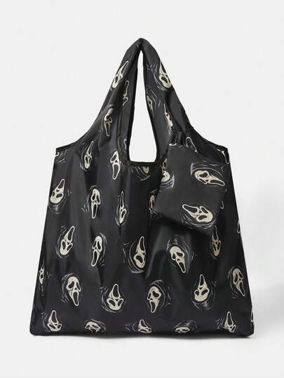 ROMWE Anime Fashionable All-Over Heart & Music Note Pattern Large Capacity Foldable Tote Bag With Coin Purse, Portable Shopping Bag