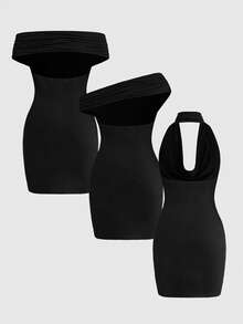 ROMWE Đầm ngắn nữ màu trơn cổ xếp ly đa năng thời trang, 3 trong 1, thích hợp cho mùa xuân/hè. - màu đen - Xem 2