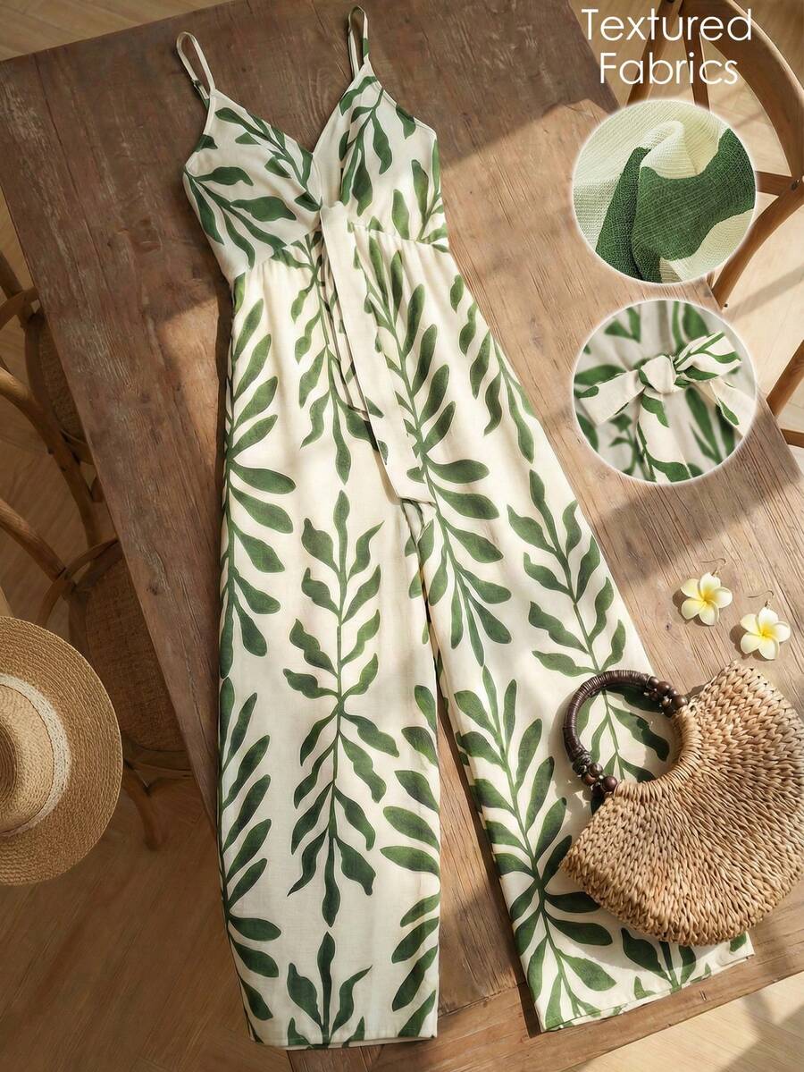 Louniche Women's Casual Sleeveless Jumpsuit With Leaf Print, Tropical Style Suitable For Spring/Summer Travel & Vacation - Multicolor - View 1