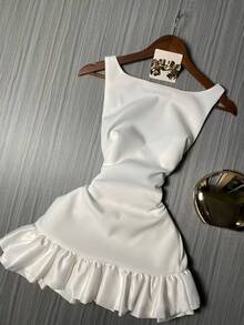 INAWLY Women's Elegant White Satin Slip Dress, Square Neck Waist Ruffle Hem Mini Skirt, Luxury Socialite Style Party & Date Dress - White - View 4