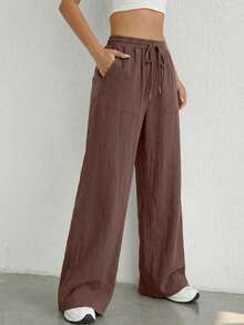 SHEIN EZwear Quần ống rộng dệt kim dáng thường ngày dành cho nữ, thích hợp cho mùa xuân/hè. - màu nâu - Xem 6