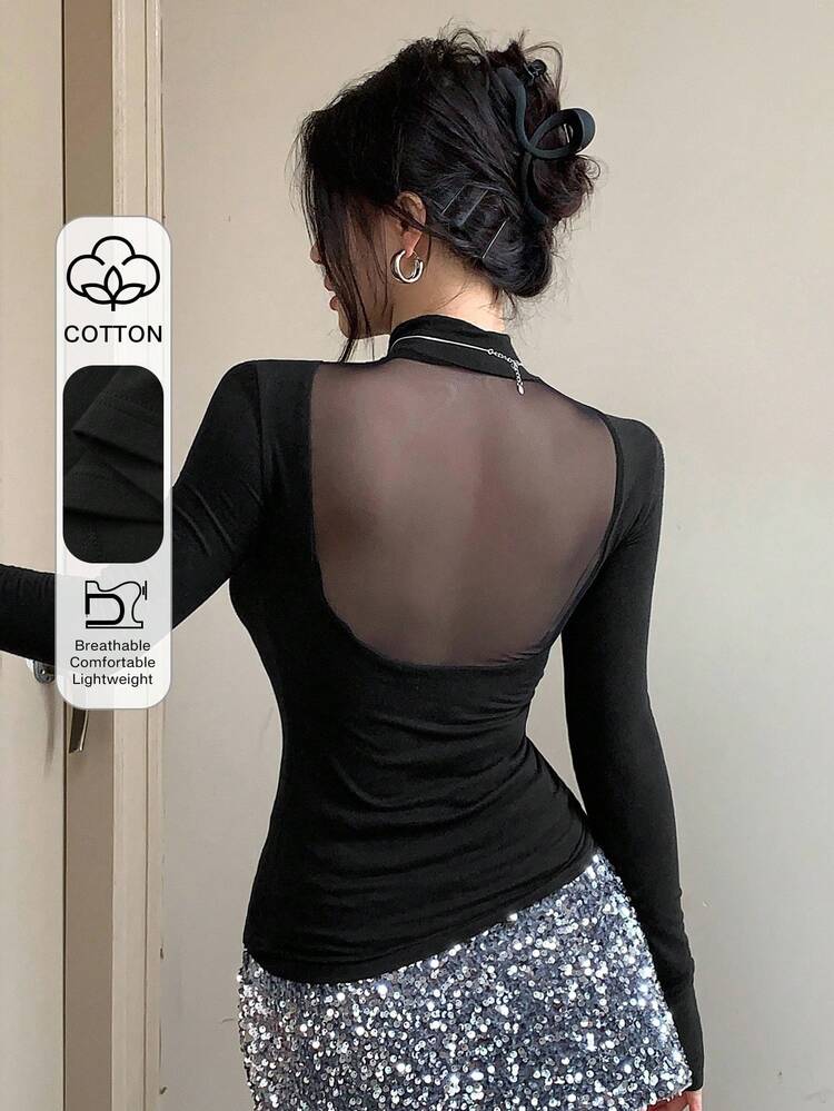 Women's Black Mesh Patchwork Backless Fitted Turtleneck Long Sleeve T-Shirt, Elegant For Music Festivals, Spring/Summer
