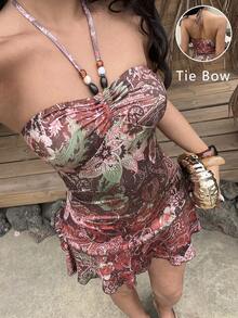 Sunnyshic Đầm quấn cổ yếm in họa tiết dành cho nữ, thích hợp mặc hàng ngày và đi nghỉ mát. - màu nâu - Xem 3