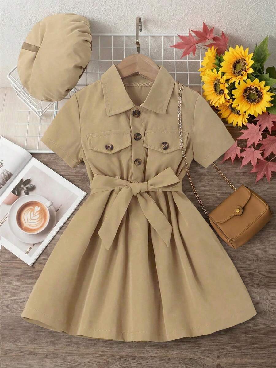 SHEIN Elladie kids Young Girl Solid Color Button Front Belted Short Sleeve Dress + Hat - Khaki - View 1