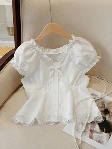 Camisa casual y versátil para uso diario con decoración de lazo para niña preadolescente - Blanco - Ver 7